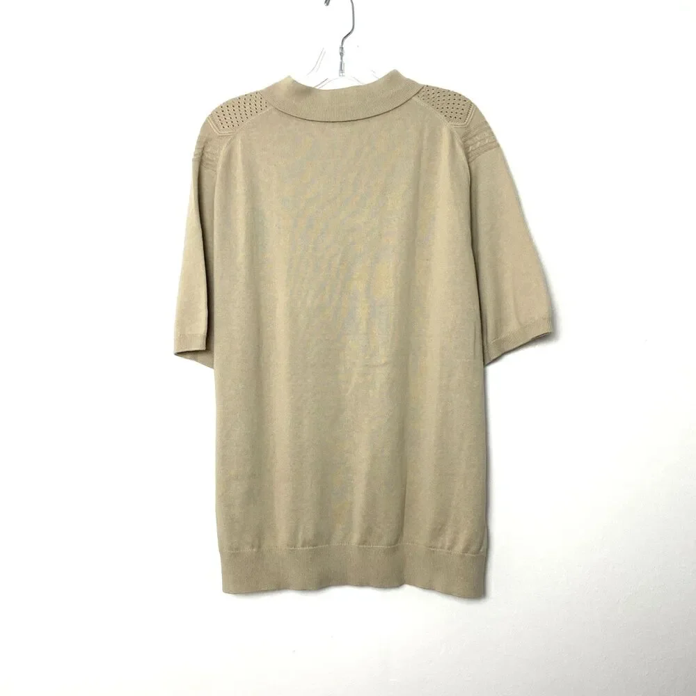 Elie Tahari Polo Shirt Sweater Mens XL Beige Tan Textured Knit Short Sleeve Zip